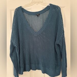 torrid Dusty Teal Open-Knit V-Neck Sweater
